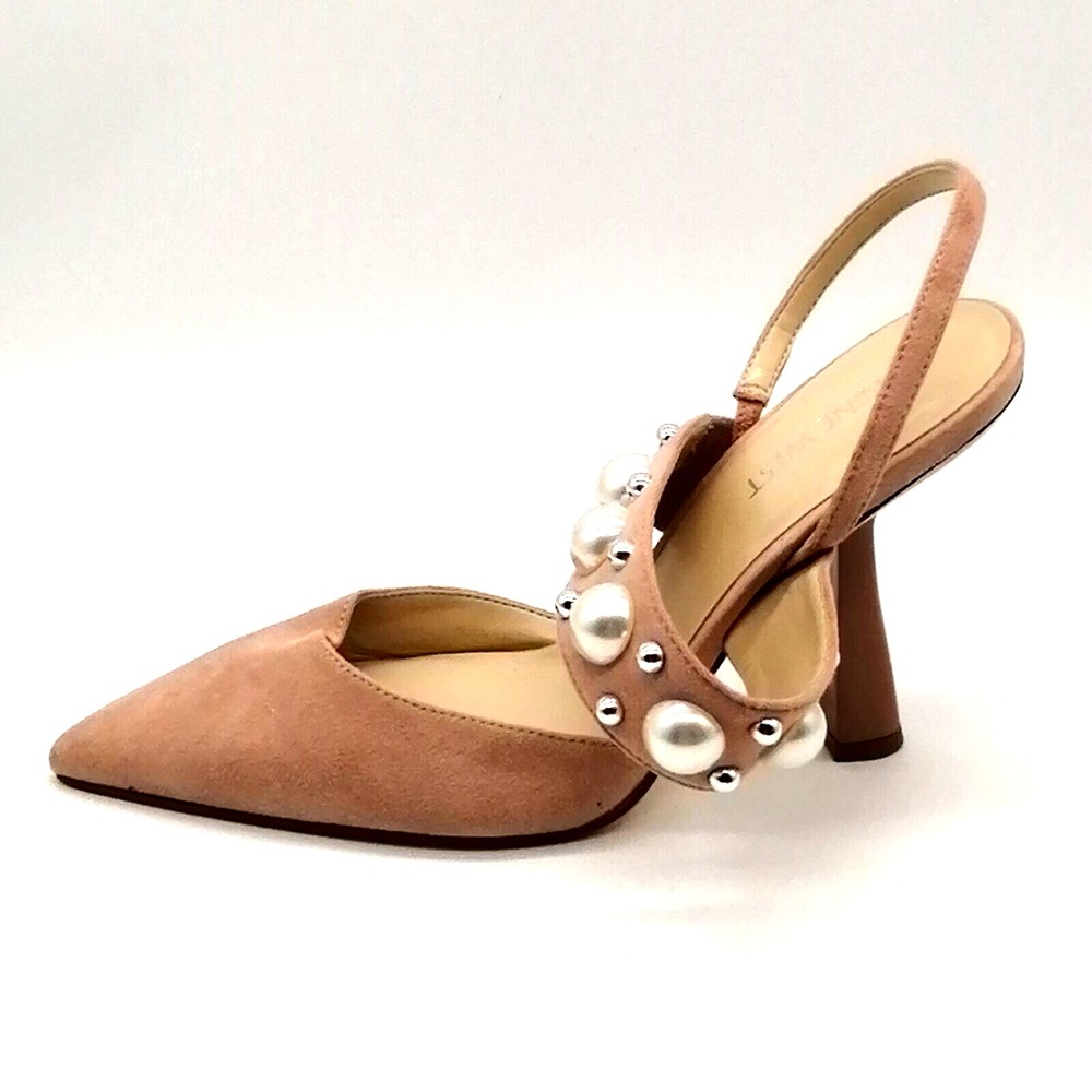 Nine West Blush Pink Suede Pointed Toe Slingback Heels with Pearl Studs